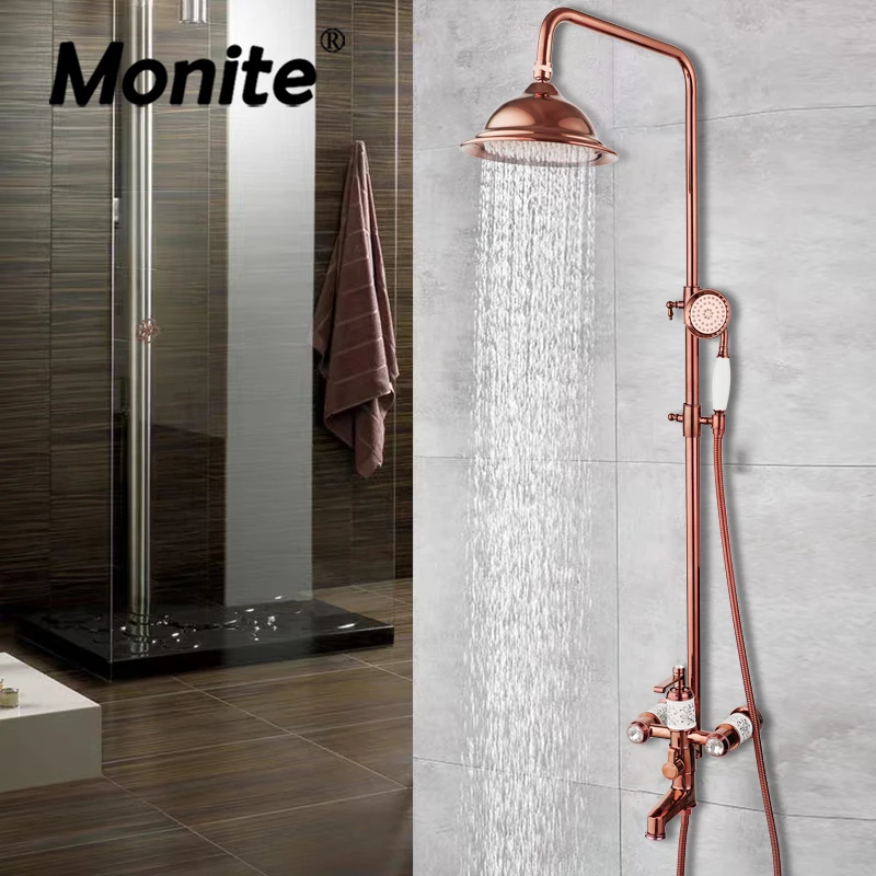 Monite Rose Golden Bathroom Shower Set Wall Mounted Ceramic Handle Rainfall Shower Head Stream Lower Water Outlet Mixer Taps