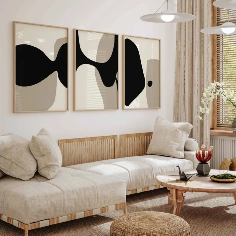 Modern Minimalist Neutral Gallery Wall Art Black and Beige Abstract Art Canvas Painting Nordic Simple Bedroom Frameless Wall Art