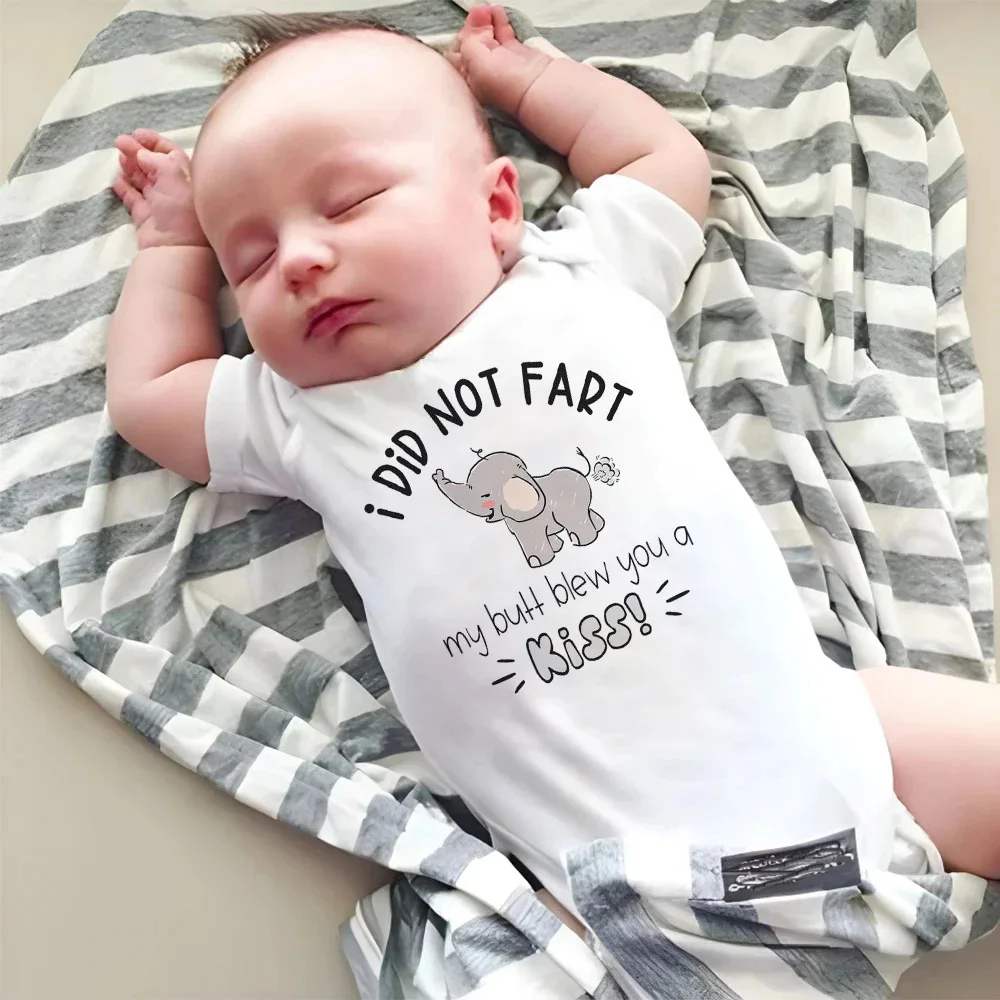 I Did Not Fart My Butt Blew You A Kiss Funny Newborn Bodysuit Cute Elephant Printed Baby Jumpsuits Infant Short Sleeve Romper