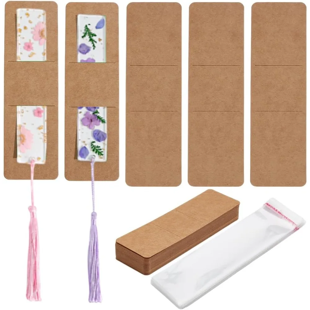 

120Pcs Kraft Bookmark Holder DIY Bookmarks Blank Display Cards Kraft Bookmark Sleeve with OPP Bags Burly Wood for Gift Packaging