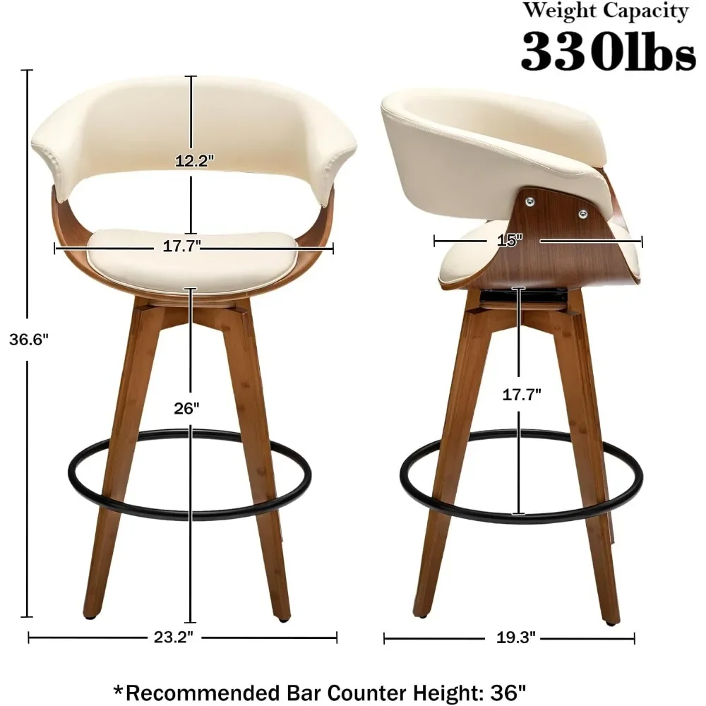 Stools Set of 2,Counter Height Bar Stools,26 Inch Swivel Stools with Hollow Back and Wooden Legs,Modern Stools for