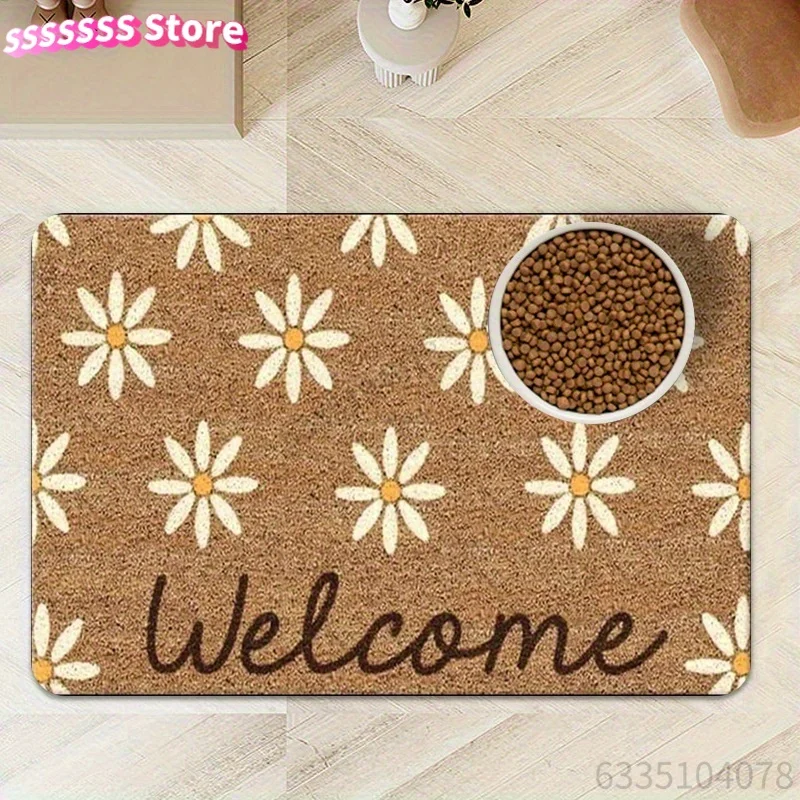A Large Pet Bowl Mat Featuring Sunflower And Daisy Patterns, Perfect for Food Bowls for Dogs And Cats. This Durable Mat with a F