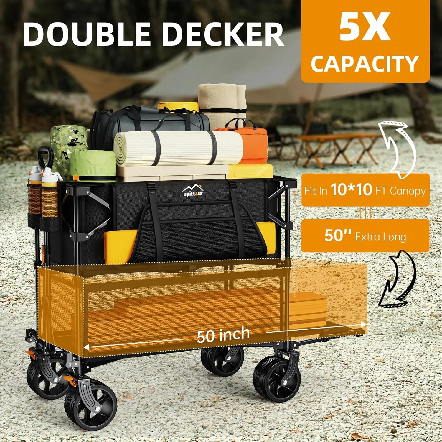Foldable Extra Long Double Decker Wagon for Sport, 400L Heavy Duty with Big Wheels, Utility for Outdoors