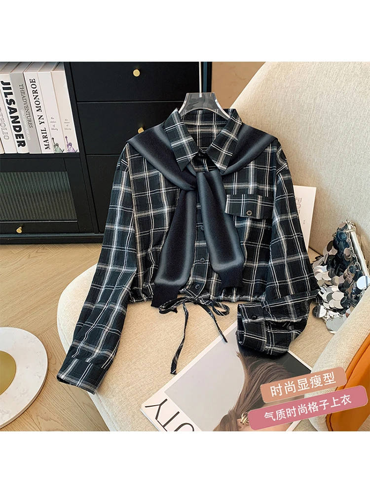 Fall Winter Women Y2k Harajuku Plaid Shirts With Knit Shawl Long Sleeve 2000s Tomboy Design Blouses College Style Shoujo Korean