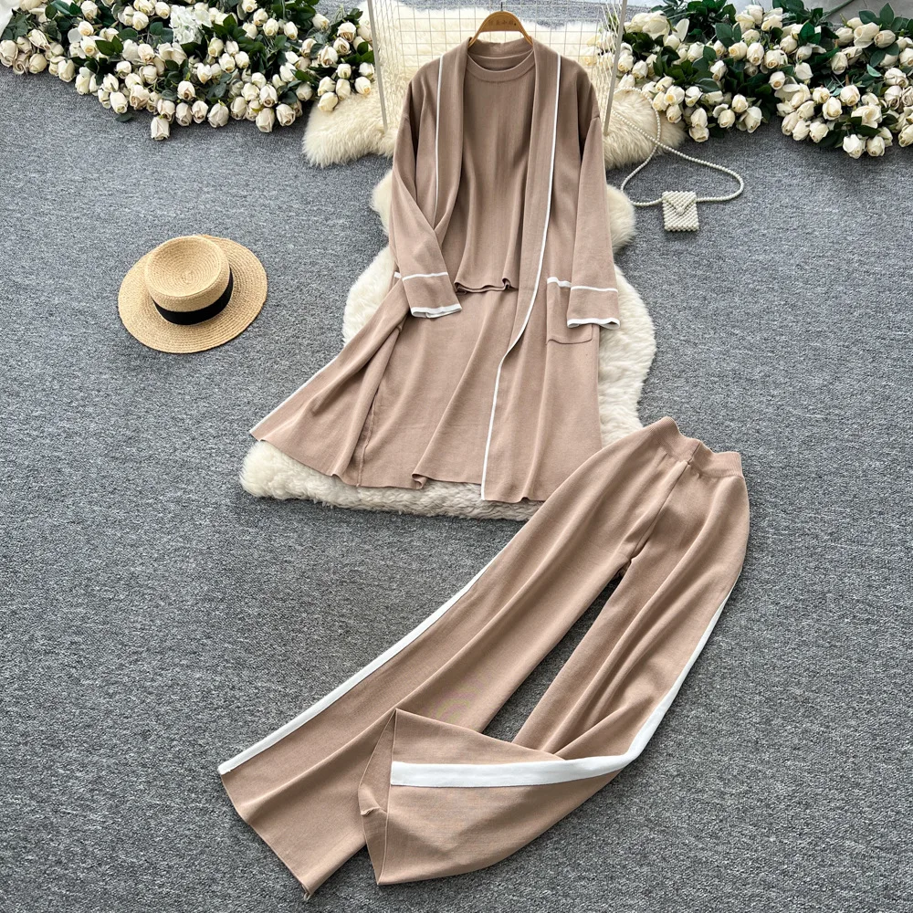 

Pant Set Women Three Piece Sets Round Neck Full Sleeve Tops Mid Length Coat Wide Leg Long Pants Elastic Waist Y2k Streetwear