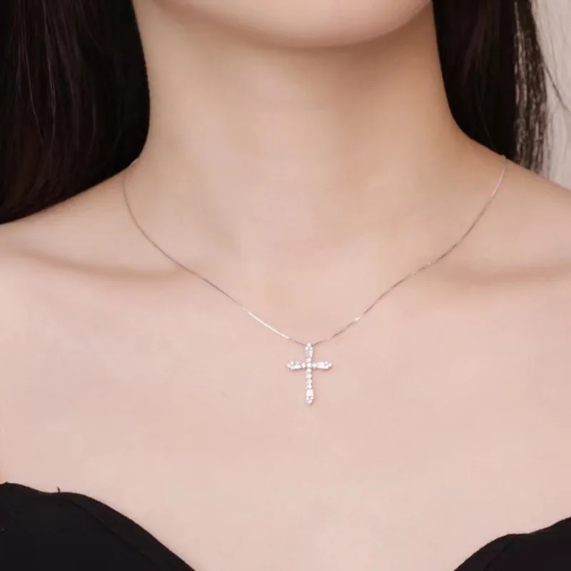 KOFSAC Trendy Shiny Crystal Zircon Cross Pendant Necklace For Women Charm 925 Silver Necklaces Jewelry Lady Valentine\'s Day Gift