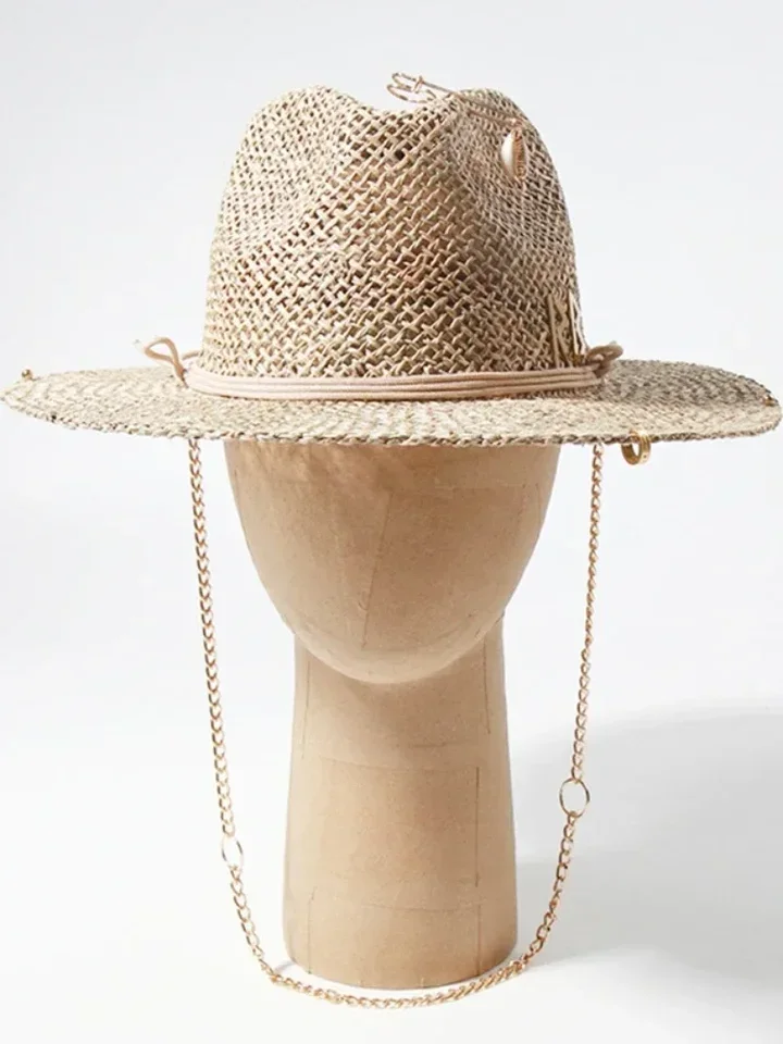 

2025 Trendy Pin Design Straw Hat for Women - Fashion Hollow Letter Metal Chain Summer shade Cap"