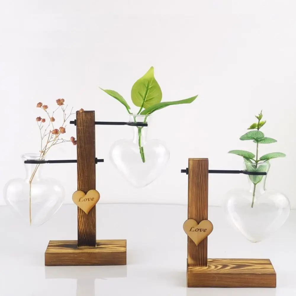 Wooden Stand Wood Frame Vase Heart Shape Glass Transparent Glass Vase Transparent Thickened Hydroponic Flower Vase Living Room