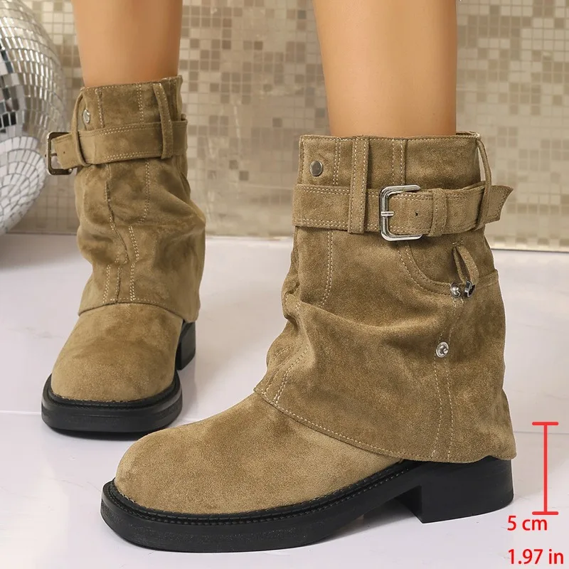 Round Toe Western Pleated Stack Boots Riveted Metal Buckle Soft Sole Non-Slip Block Heel Shoes for Women