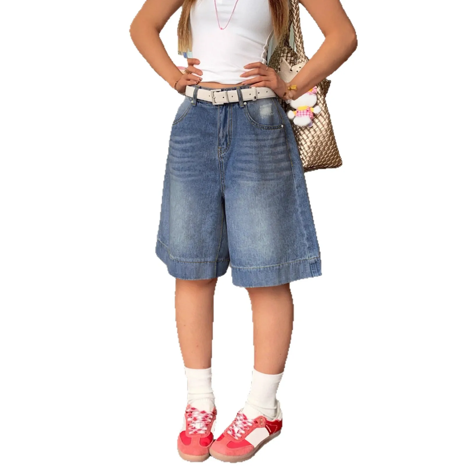 Jeans denim Donna Solid Jean Zipper Fly Pocket Lunghezza al ginocchio Pantaloni a gamba larga a vita media Casual Loose Fit Sottile Streetwear 2025 Estate