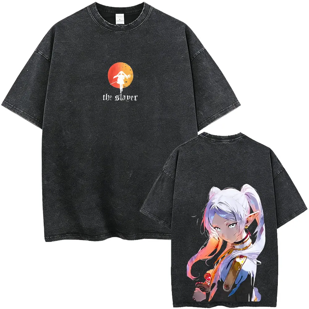 

Washed Vintage Anime Frieren: Beyond Journey's End Frieren T-shirt Men Women Manga Casual T-shirts High Quality Cotton T Shirts