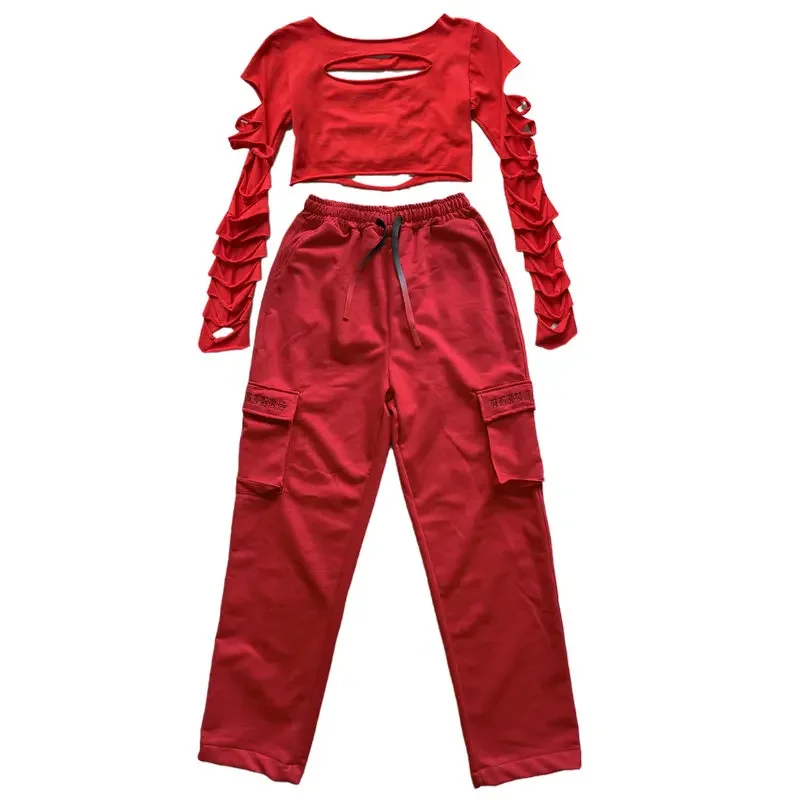 Traje de dança de hip hop feminino recorte vermelho superior calças de carga senhoras roupas de dança jazz palco rave outfit rua dancewear xs6504