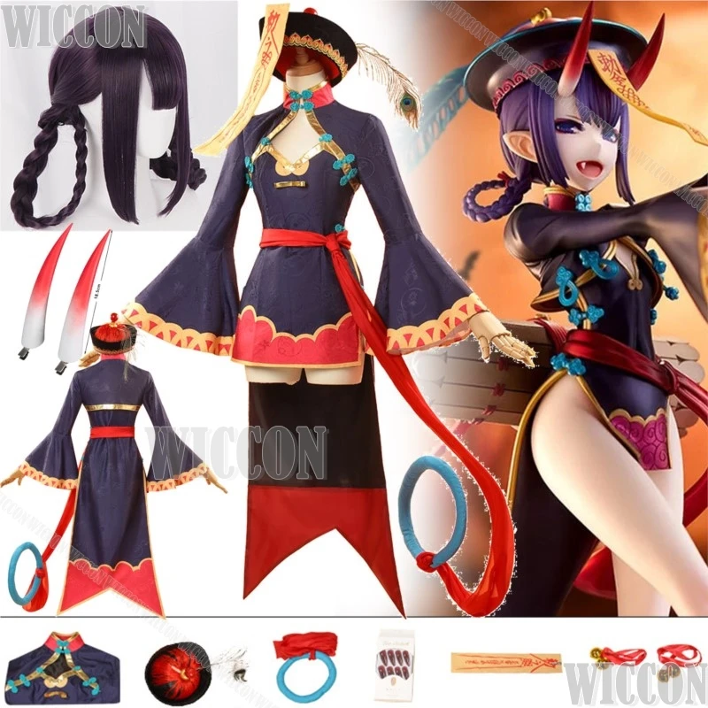 Little Zombie Shuten Douji Fate 4 ° aniversario Gran Orden juego Cosplay peluca púrpura oscuro vestido de cuerno rojo traje de cómic de Halloween