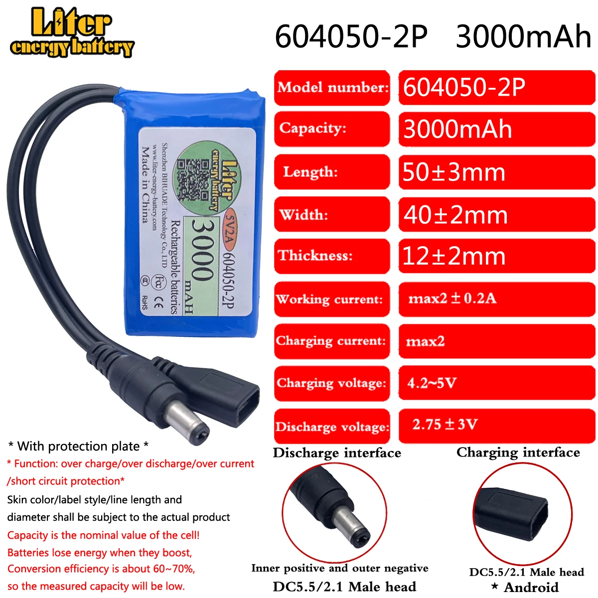 5V 2A 604050-2P 3000mah Booster Battery Small Microcontroller Intelligent Lock LED Lamp Power Supply 4.8V Lipo Battery