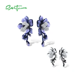 SANTUZZA Real 925 Sterling Silver Stud Earrings For Women Sparkling Purple & White Enamel Flower Trendy Wedding Fine Jewelry