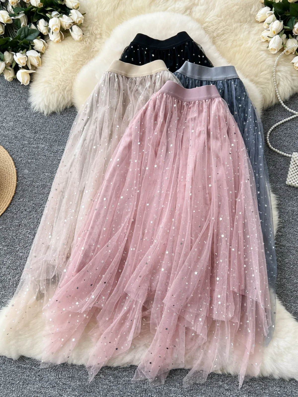 

Женская юбка с блестками и звездами феи, многослойные кружевные юбки, блестящая нерегулярная эластичная талия, тюлевая сетчатая юбка трапециевидной формы, танцевальная одежда