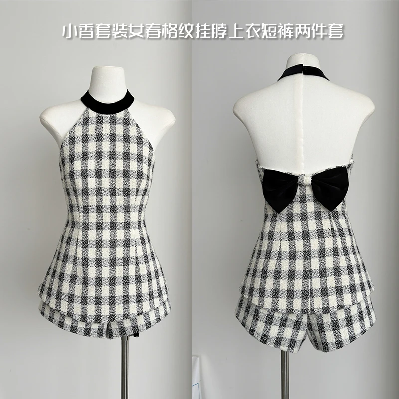 

Pure Sexy Suit Women's Spring Plaid Halter Neck Top High-waisted Shorts Two-piece Set Fashion Female Clothes