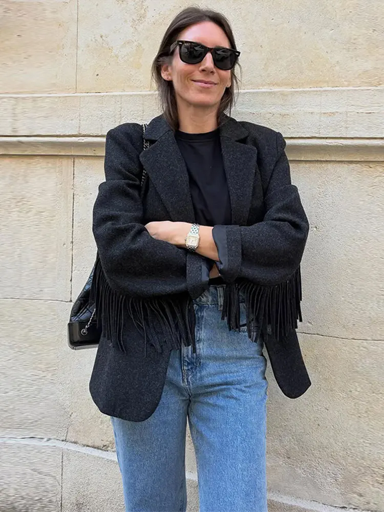 

Women Coat Blend Blazer V-Neck Jackets Fringe Hem Oversized Casual Jacket Woman Clothes Casual Top Daily Outfit Spring Wear