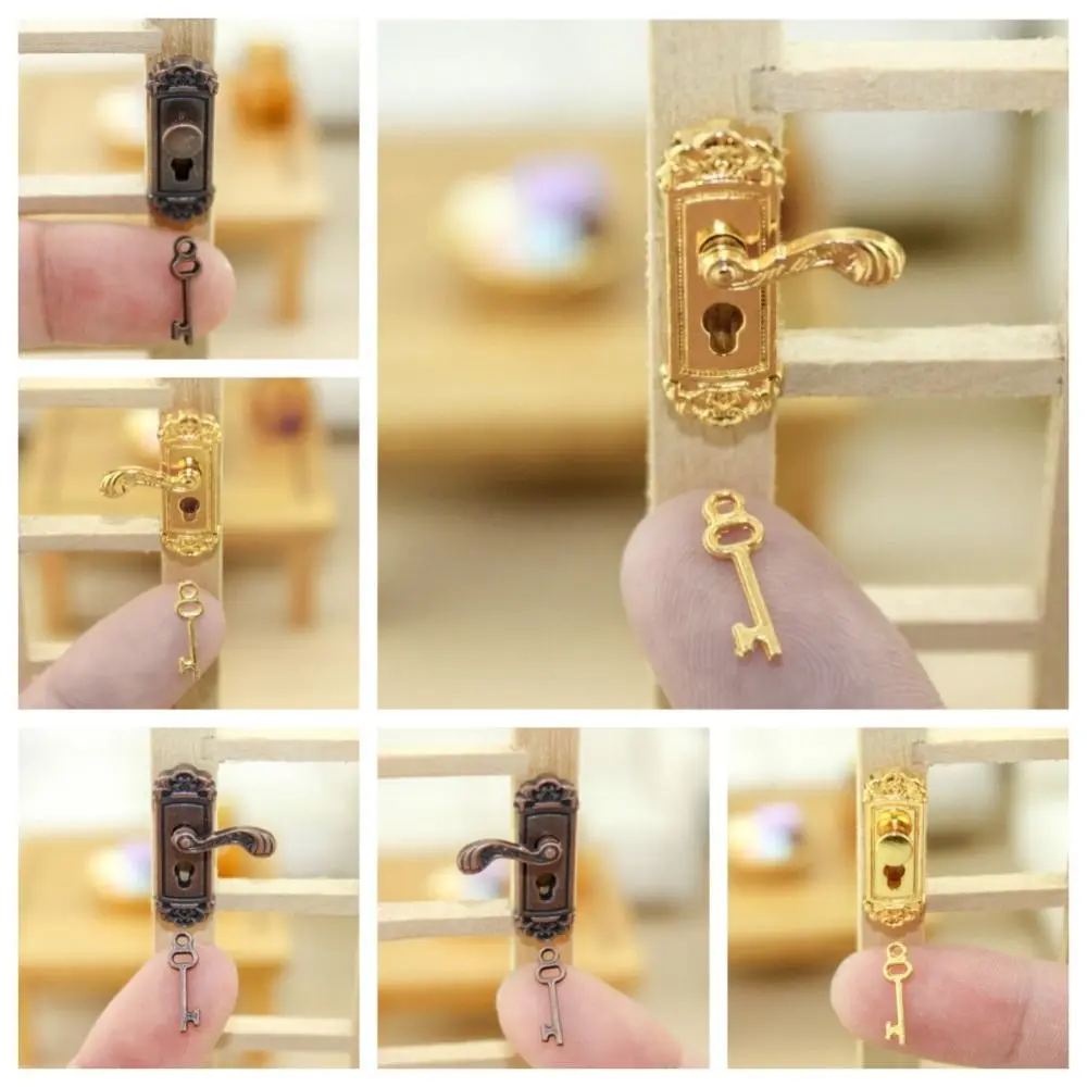 1:12 DIY Pretend Play Toy Gold Bronze Doll House Accessories with Keyhole Knobs Keys Set Miniature Door Handles Kids Gift