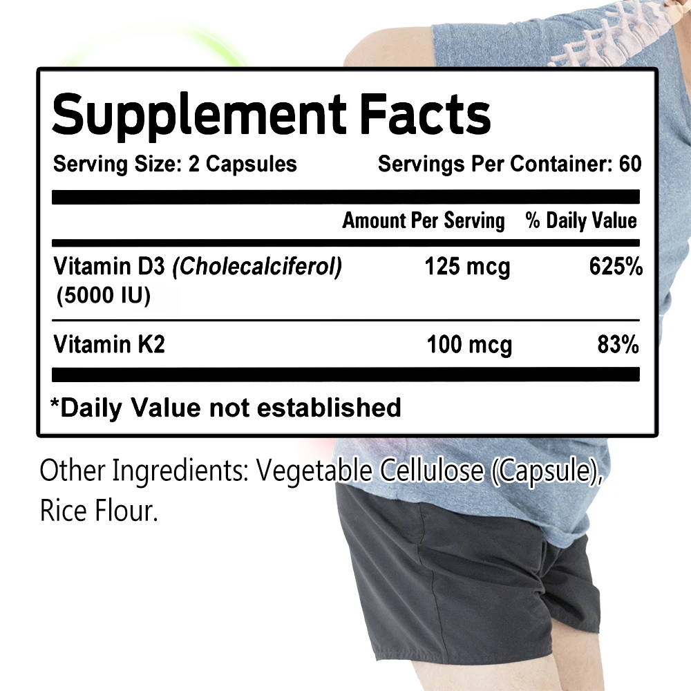 

Высокомощный витамин D3 + K2 - помогает здоровью мышечных нервов, поддерживать плотность костей, зубы и здоровье сердца кожи - 120 капсул
