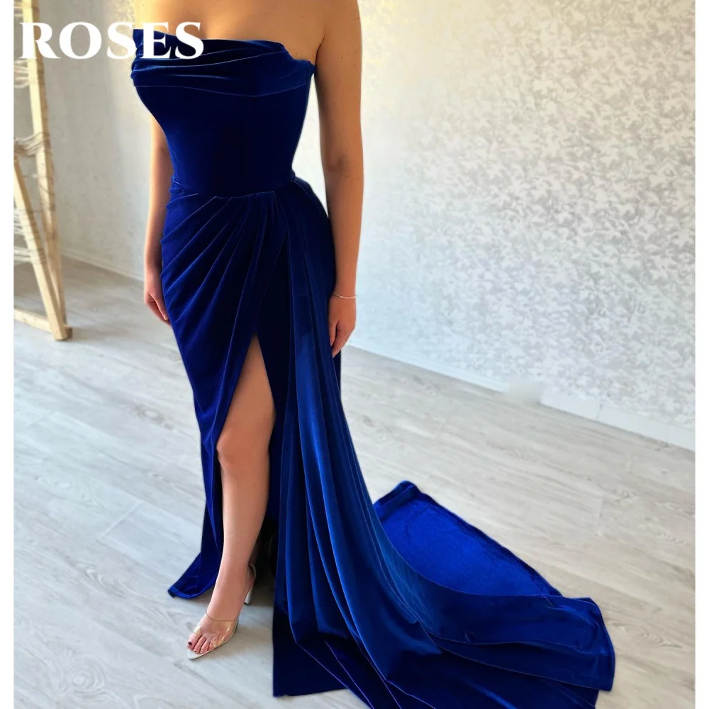 

ROSES Navy Blue Sexy Prom Dress Strapless Backless Prom Gown for Woman Velvet Mermaid Evening Dresses robe de bal Customized