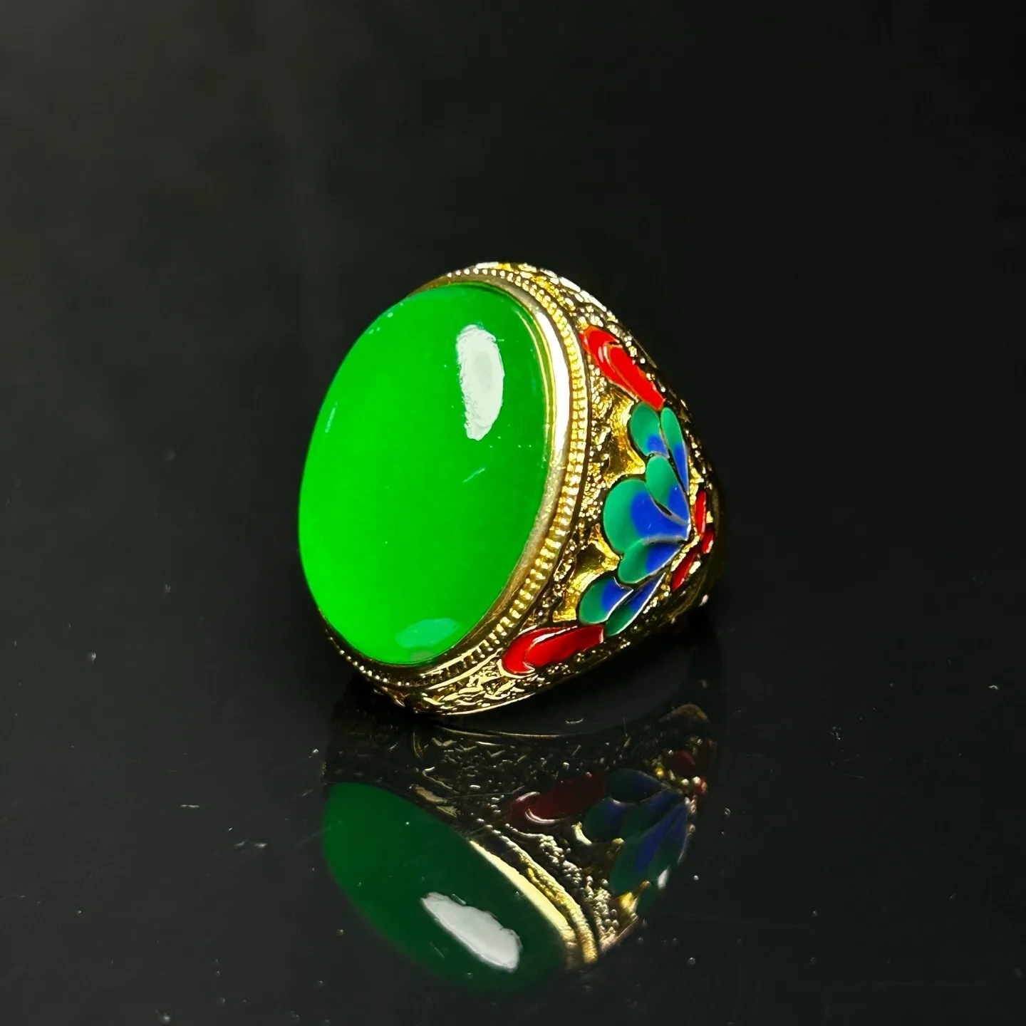 AAA Real Natural Inlay Ice Green Burmese Jade Jadeite Archaistic Amulet Rings