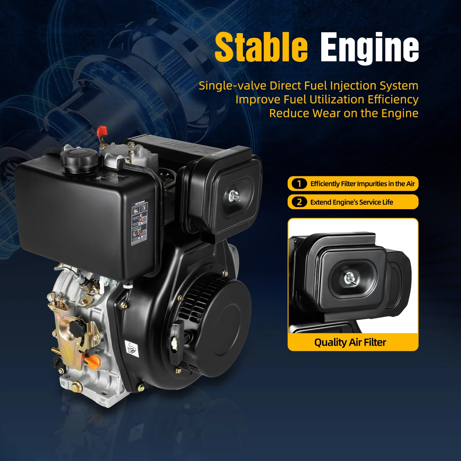 Diesel Engine Replacement 10HP Single Cylinder 418cc, Air Cooled 6.3kW, For Generator Starter Water Pump Tiller, Direct Injection, Recoil Manual Start, Horizontal Crankshaft 4 Bolt 25mm Shaft, 1.45 Gal Tank, Low Fuel Consumption