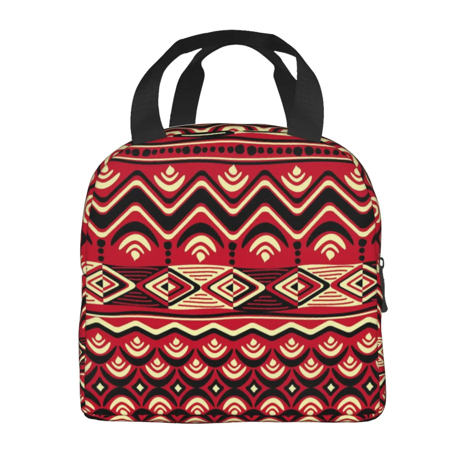 African Ethnic Geometric Colorful Pattern Lunch Tote Bag Insulated Leakproof Lunch Box Container with Front Pocket for Girls Boy