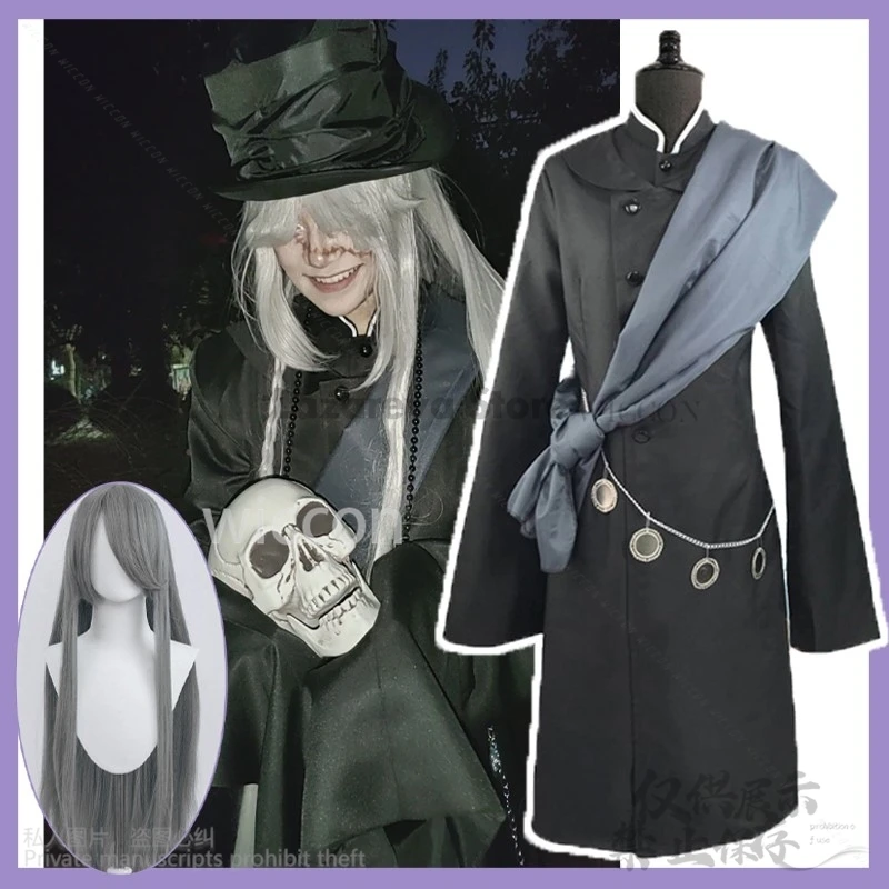 Black Anime Butler Cosplay Kuroshitsuji Undertaker Costume Coat Hat Wigs For Halloween Christmas Party Woman Man