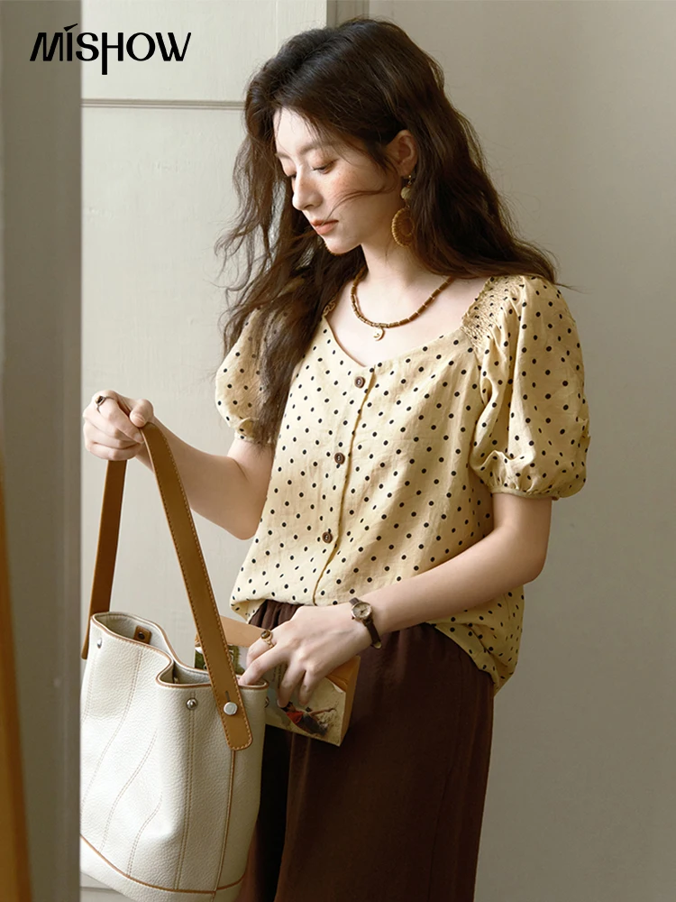 

MISHOW Women's Polka Dot Puff Sleeve Blouse 2025 Summer New Ladies Button Retro Sweet V-neck Top Women's Clothing MXE37X1859