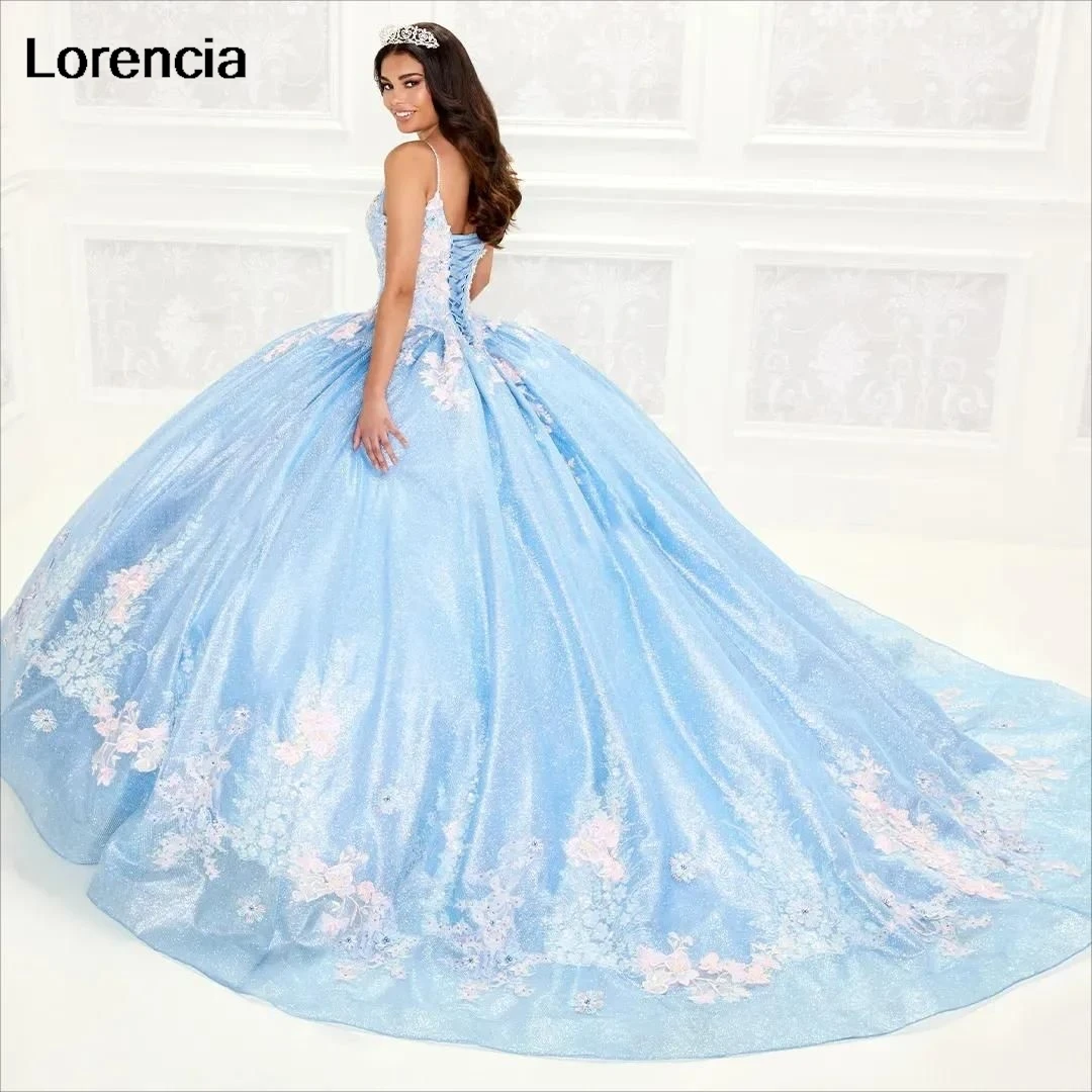 Lorencia-vestido De quinceañera azul, vestido De baile De espagueti con capa, apliques De flores 3D, cuentas dulces 16, 15 Años, YQD666