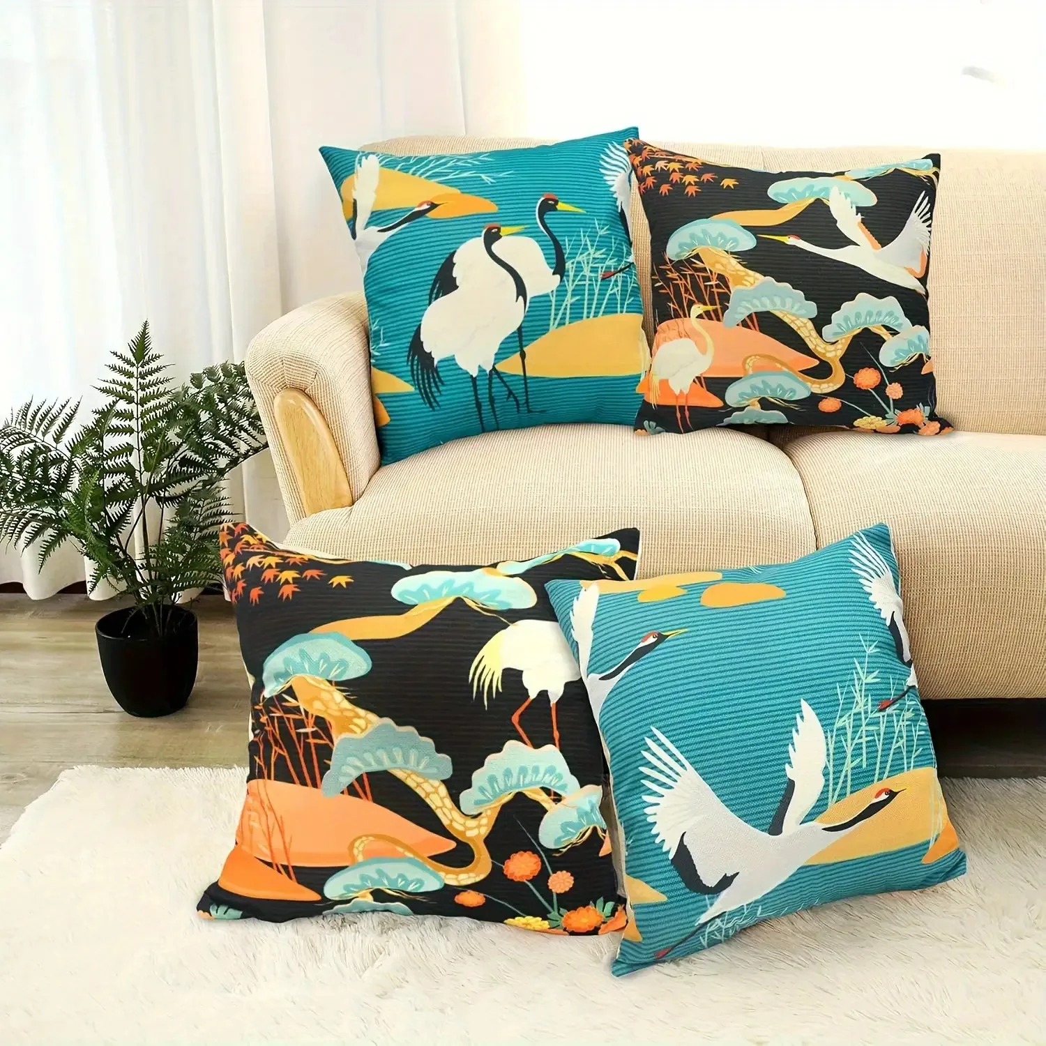 Japanese Crane Pine Pillow Covers, Teal Black Floral Decorative Throw Pillow Cases, Oriental Home Decor for Sofa Bed, No Insert