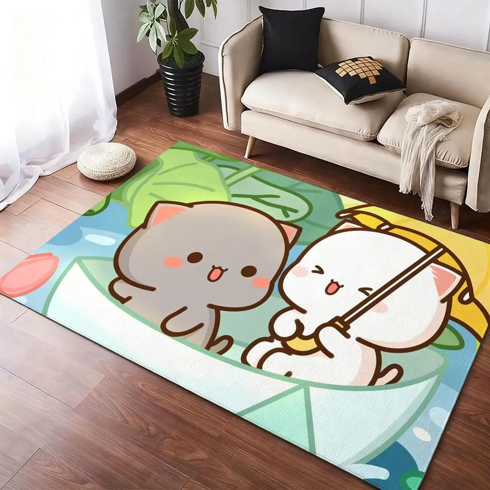 Cute Peach Mochi Cat And Goma Floor Mat Flannel Rugs Cozy Plush Thickened Soft Warm Winter Non Slip Living Room Home Indoor Use
