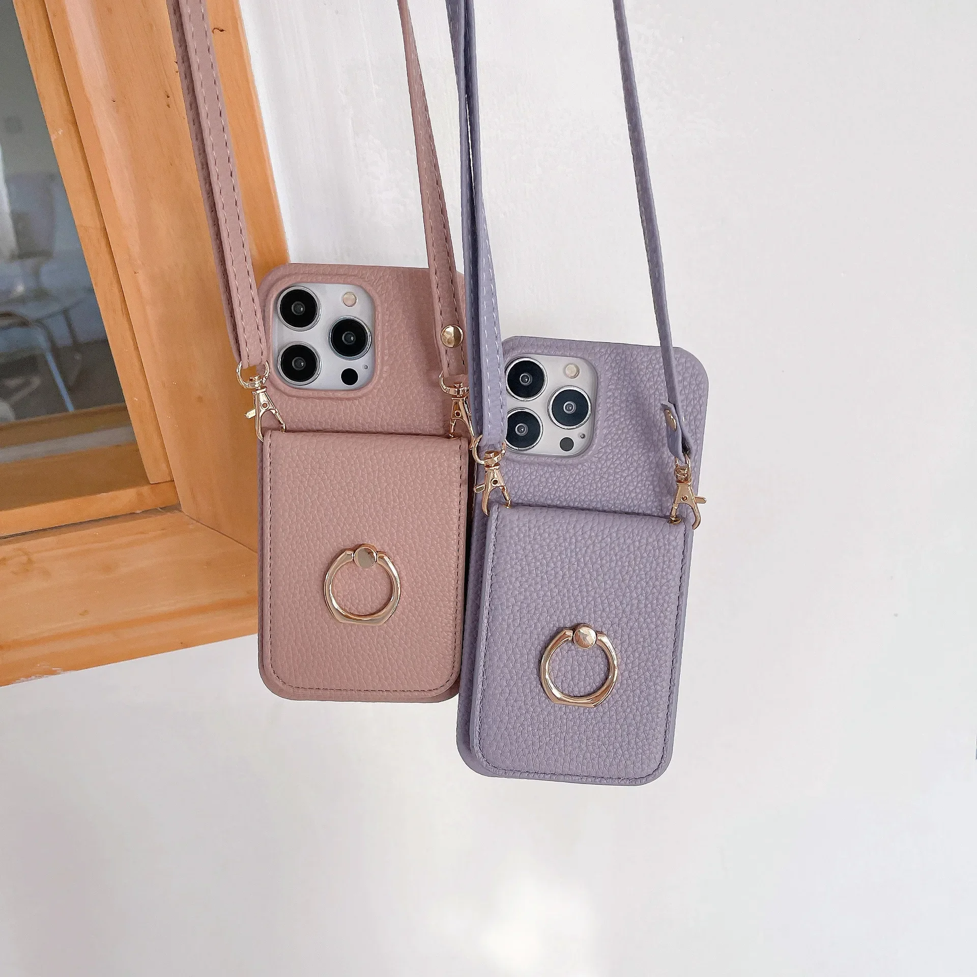 Ring Stand Phone Case For iPhone 16 15 14 Plus 13 12 11 Pro Max Pocket Purse Credit Card Holder Crossbody Lanyard Leather Cover