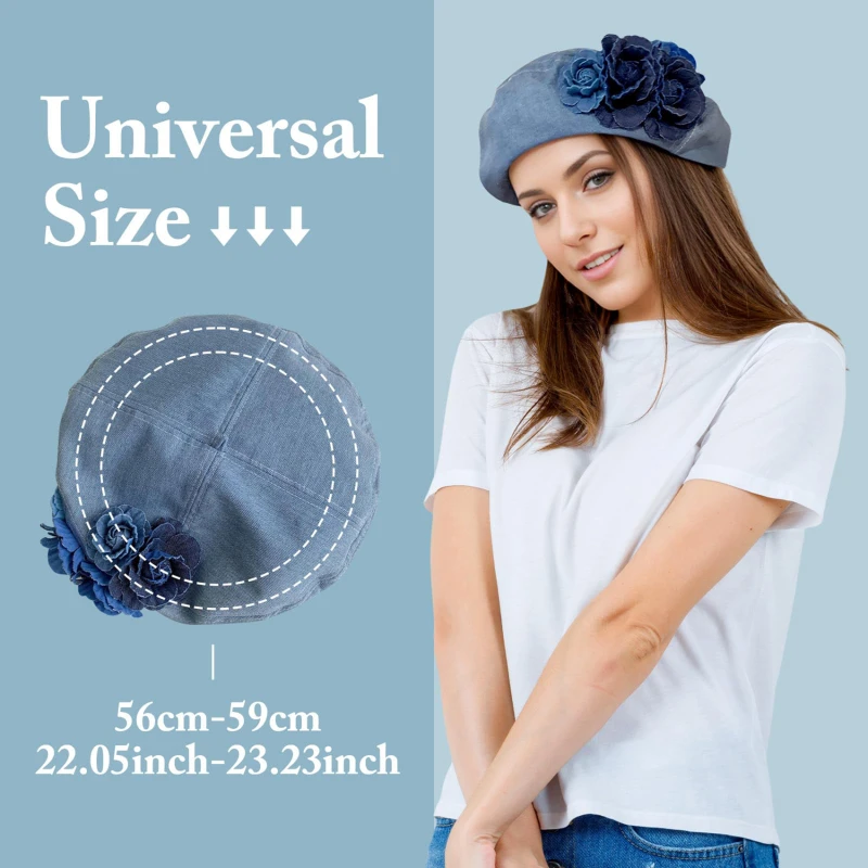 Flower Denim Beret Hats Spring Autumn Retro Casual Versatile Caps Women Trendy Camellia Painter Caps Casual Cotton Beanie Hats