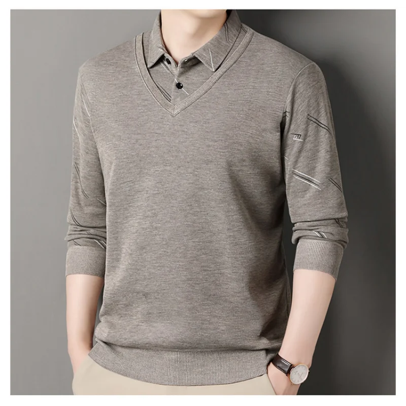 

Новый осенне-зимний мужской свитер, утолщенный искусственный свитер из двух предметов, теплый воротник рубашки, повседневный универсальный базовый свитер рубашки