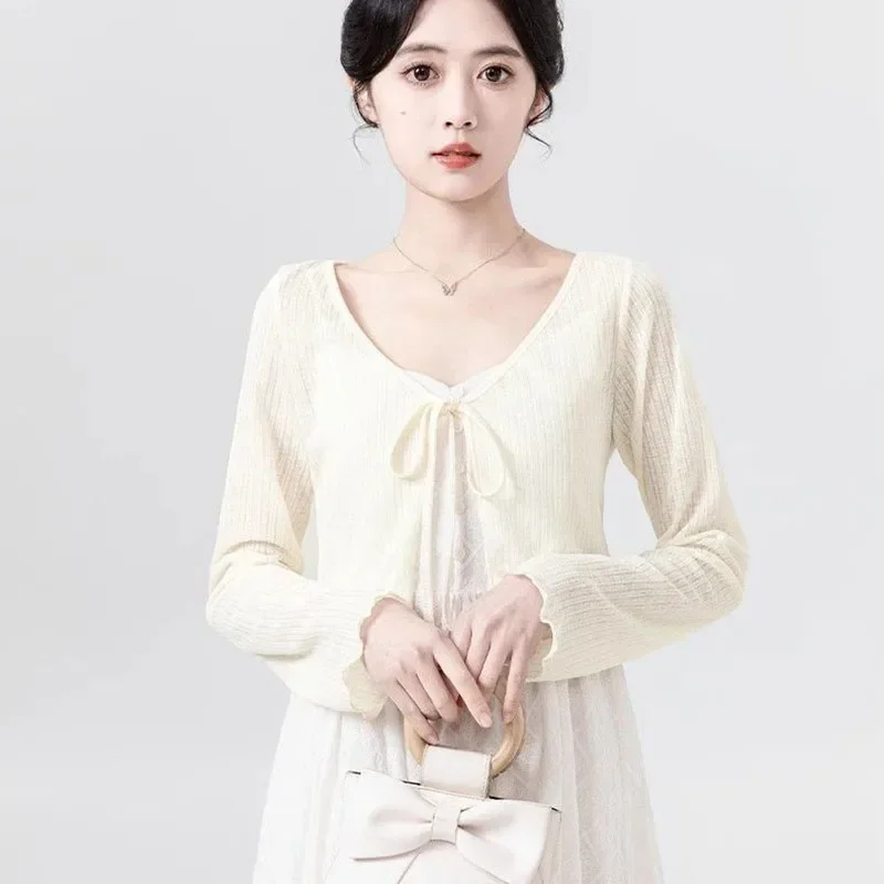 Cardigan solido da donna estivo sottile manica lunga con lacci camicie in maglia da donna casual semplice scollo a V crop top vestiti