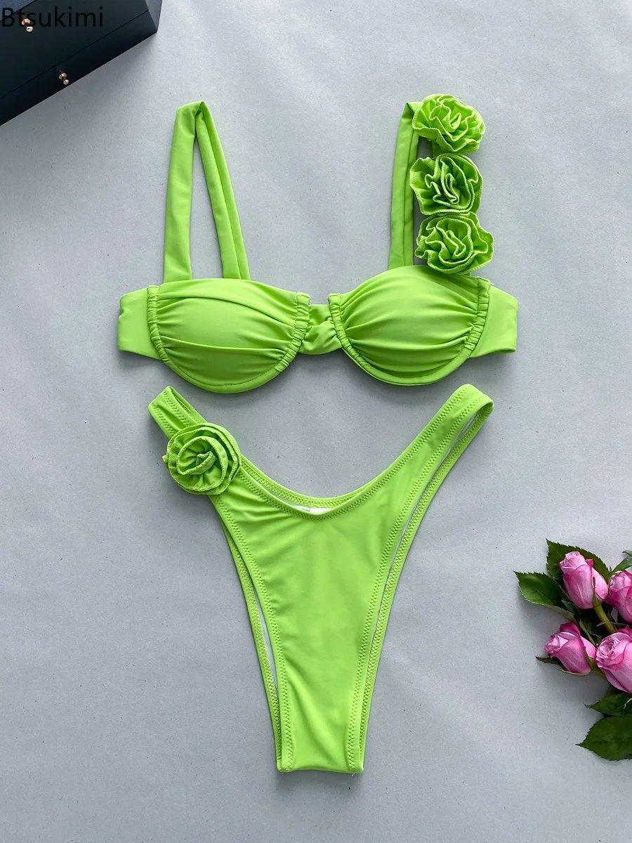 Estate di Colore Solido 3D Fiore Pieghettato Bikini A Fascia Set 2025 Costumi Da Bagno Sexy Delle Donne Costume Da Bagno Brasiliano Biquini Push Up Costume Da Bagno