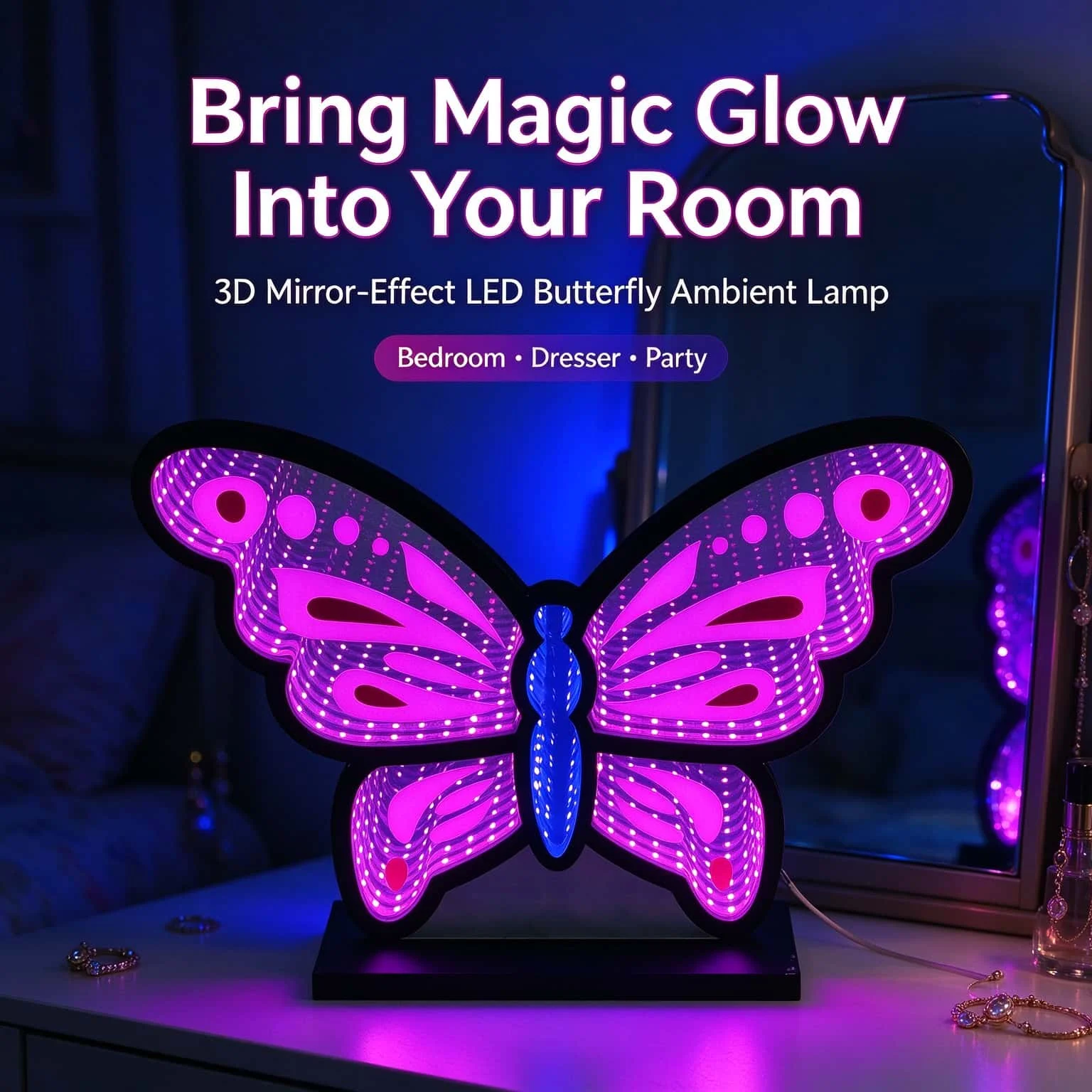 3D Butterfly Mirror Lamp Infinity Tunnel LED Night Light Dimmer Control Indoor Lighting Table Lamp