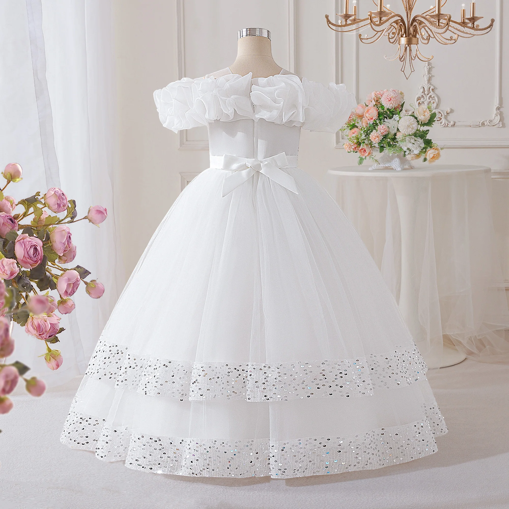 Summer Bridesmaids Party Girls Dresses Elegant Flower Pageant Wedding Princess Evening Dress for Girls Bow Birthday Prom Costume