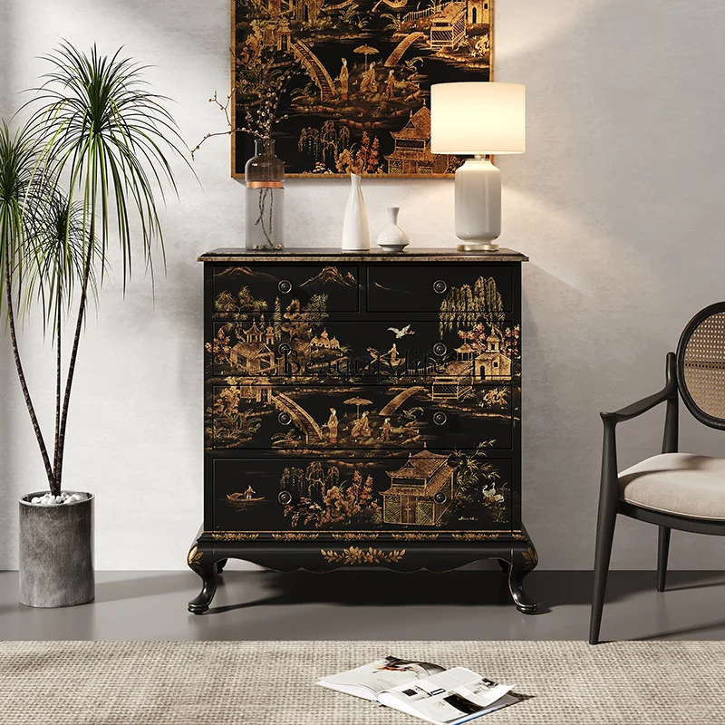 

French retro solid wood chest of drawers decorative storage Ming and Qing classical painted art drawer cabinet