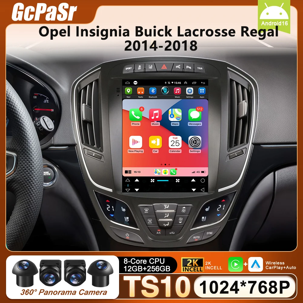Carplay inalámbrico Android 16 para Opel Insignia Buick Lacrosse Regal 2014-2018 GPS para pantalla de reproductor Multimedia de coche estilo Tesla
