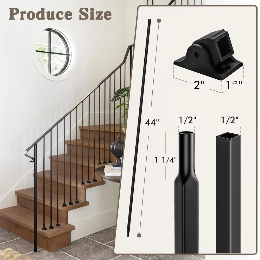 16 عبوة من الدرابزين الحديدي المستقيم المجوف مقاس 1/2 × 44 مع 32 حذاء دوار ثابت لدرابزين الدرج الداخلي، أسود غير لامع