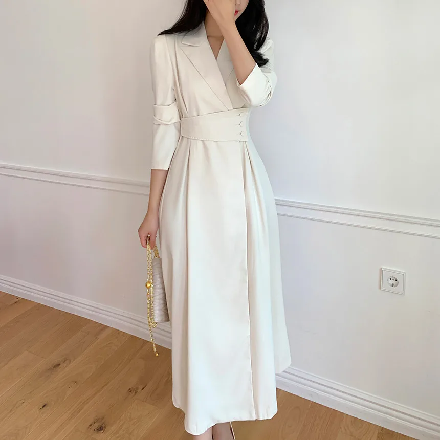 

Элегантный повседневный офисный костюм в корейском японском стиле, женская одежда, весенне-осенние вечерние белые платья с длинными рукавами