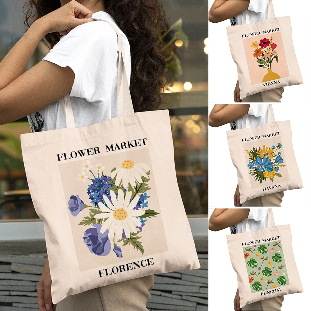 

Fashion Flower Market Lady Shopping Bags Doule Print Women Big Shopper Bag Floral Plant Girl Shoulder Tote Handbag 40x45cm