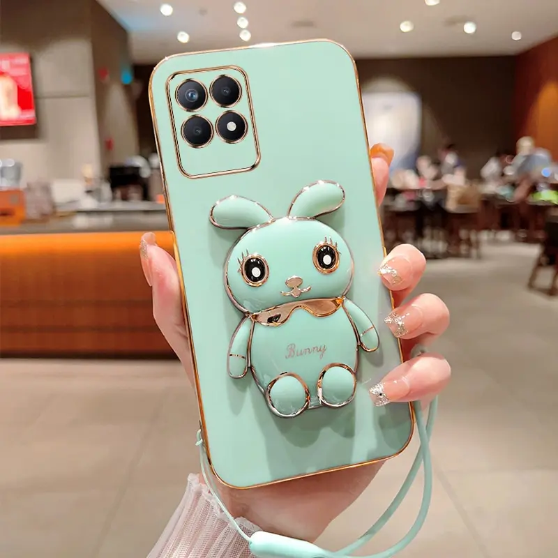

Phone Case For Oppo Realme 8i Luxury Plating Square Rabbit Holder With Landyard Case Cover