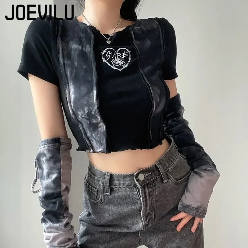 Y2k Tie Dyed T-Shirt Women's Patchwork Cropped Tops Removable Sleeve Gothic Tee Vintage Kpop Tank Top Aesthetic Clothes Harajuku