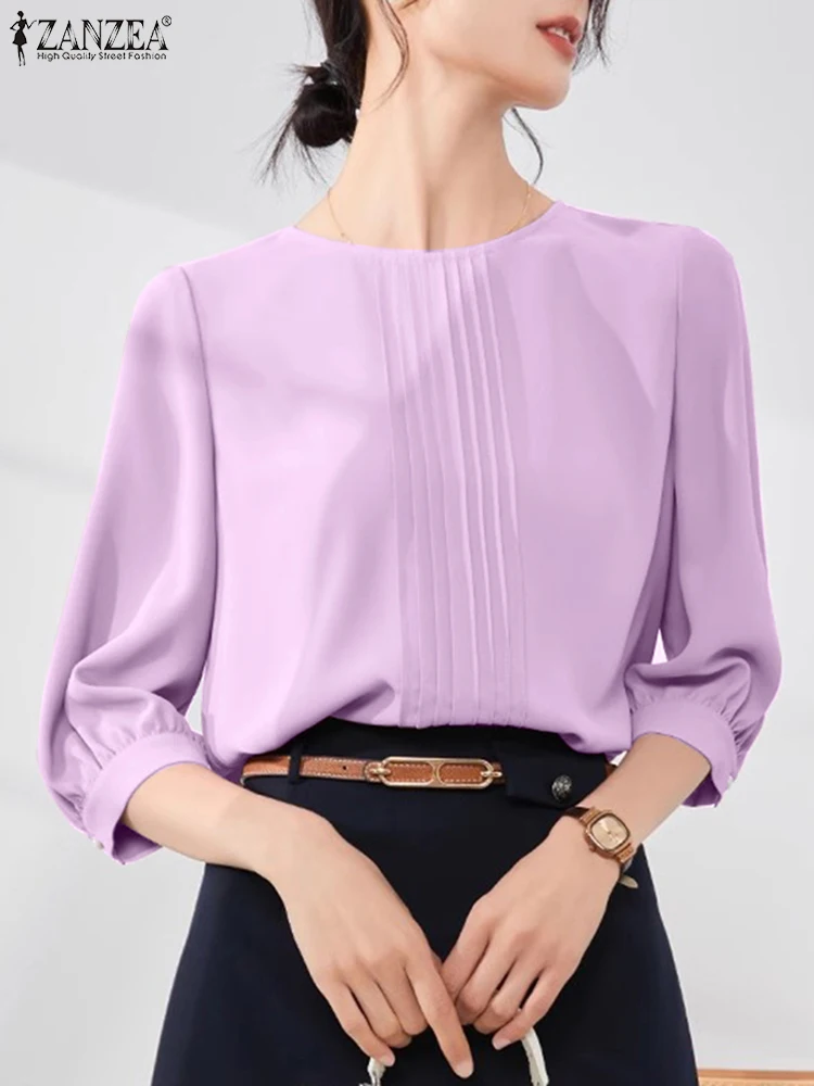 ZANZEA Korean Pleating Shirts Casual Solid Office Lady Blouse Fashion Women Round Neck Tops Tunic 2024 Summer Simple Basic Blusa