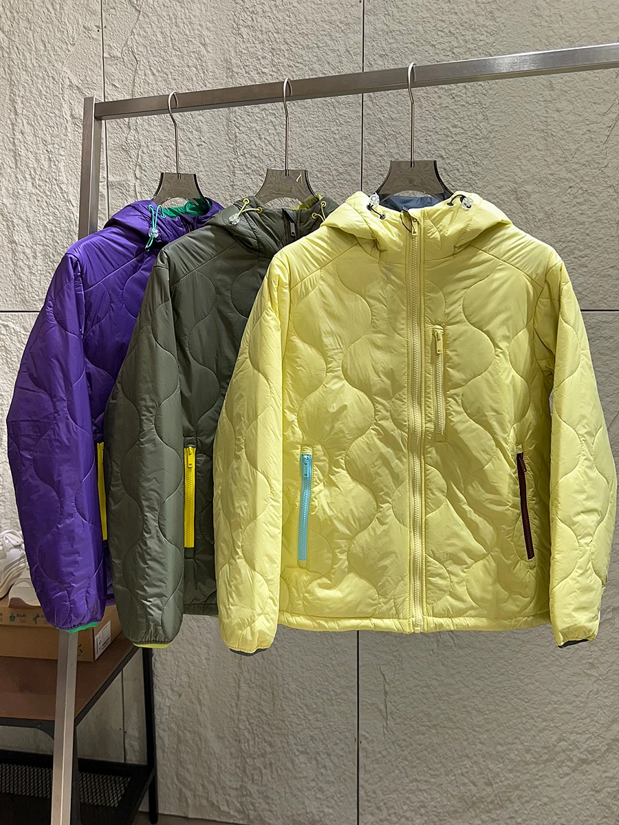 Outdoor Unisex Lightweight Hooded Cotton Jacket Contrast Color Stitching Cotton Filling Casual Style Warm Long Sleeve Zipper ...