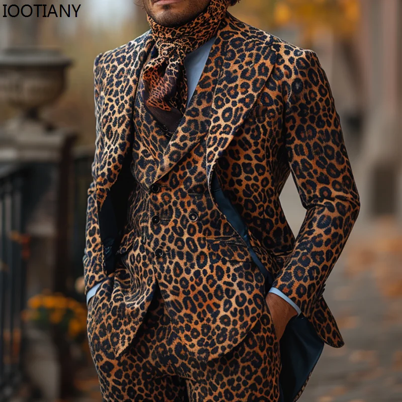 Men Vintage Leopard 3D Printed Suit Casual Long Sleeve Animal Blazer With Pants Two-piece Casual Prom Suits Customized For Party